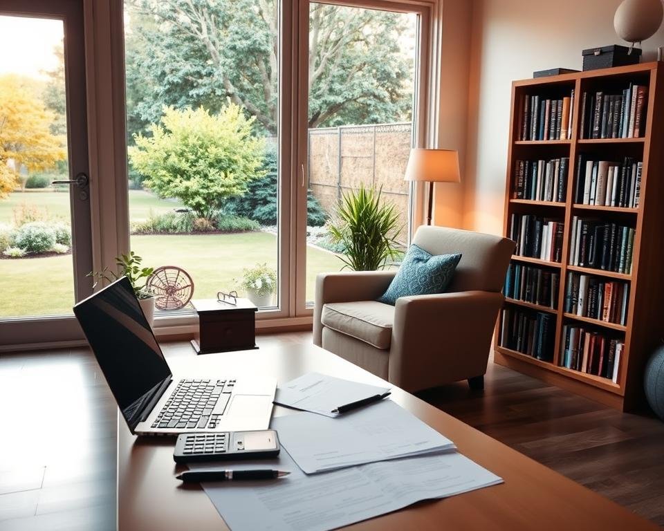 A tranquil retirement planning scene set in a cozy home office. In the foreground, a desk with a laptop, documents, and a calculator, evoking the careful analysis of financial matters. In the middle ground, a comfortable armchair and a bookshelf filled with finance and investment guides, symbolizing the research and preparation required. The background features a large window overlooking a serene garden, bathed in warm, natural light, conveying a sense of calm and contemplation. The overall mood is one of thoughtful planning, with a touch of optimism for the future.