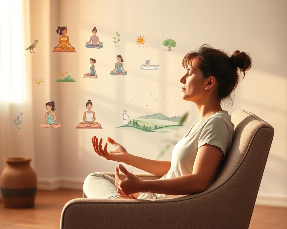 A tranquil scene with a person sitting in a comfortable chair, practicing deep breathing and meditation techniques to manage stress and lower blood pressure. The lighting is soft and natural, with warm hues casting a calming glow. In the background, gentle watercolor-style illustrations of common stress management methods, such as yoga poses, mindfulness exercises, and relaxing landscapes, create a soothing ambiance. The composition emphasizes balance, serenity, and the importance of emotional well-being in maintaining healthy blood pressure levels. A tranquil scene with a person sitting in a comfortable chair, practicing deep breathing and meditation techniques to manage stress and lower blood pressure. The lighting is soft and natural, with warm hues casting a calming glow. In the background, gentle watercolor-style illustrations of common stress management methods, such as yoga poses, mindfulness exercises, and relaxing landscapes, create a soothing ambiance. The composition emphasizes balance, serenity, and the importance of emotional well-being in maintaining healthy blood pressure levels.