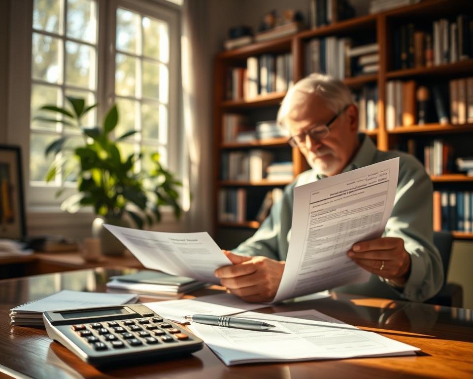 A tranquil, sun-dappled office with a senior individual deeply engrossed in financial documents, surrounded by shelves of books and a tasteful plant. The lighting is warm and inviting, casting a soft glow on the scene. In the foreground, a calculator, pen, and retirement planning materials are neatly arranged, hinting at the strategies for minimizing taxable income. The overall atmosphere is one of thoughtful contemplation and financial security.