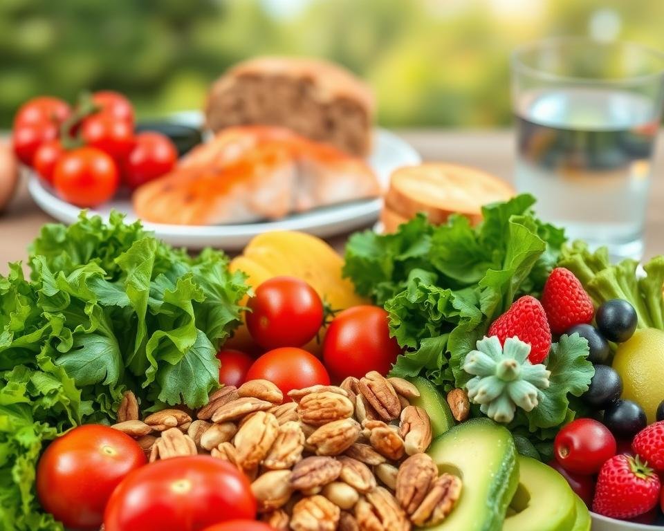 A vibrant and appetizing illustration of the DASH diet for heart health. In the foreground, an artfully arranged selection of fresh, colorful fruits and vegetables - crisp greens, juicy tomatoes, vibrant berries, and crunchy nuts. In the middle ground, a plate of grilled salmon, whole grain bread, and a glass of water. The background features a serene, natural scene with soft, diffused lighting, conveying a sense of wellness and balance. The overall composition exudes a clean, healthy, and inviting atmosphere, perfectly capturing the essence of the DASH diet and its benefits for cardiovascular well-being. A vibrant and appetizing illustration of the DASH diet for heart health. In the foreground, an artfully arranged selection of fresh, colorful fruits and vegetables - crisp greens, juicy tomatoes, vibrant berries, and crunchy nuts. In the middle ground, a plate of grilled salmon, whole grain bread, and a glass of water. The background features a serene, natural scene with soft, diffused lighting, conveying a sense of wellness and balance. The overall composition exudes a clean, healthy, and inviting atmosphere, perfectly capturing the essence of the DASH diet and its benefits for cardiovascular well-being.
