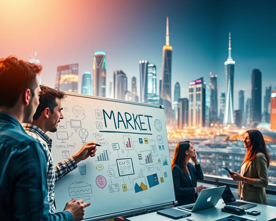 A vibrant and dynamic scene showcasing innovative marketing tactics. In the foreground, a group of people brainstorming on a large whiteboard, their faces alight with creativity. The middle ground features a diverse array of digital devices, tablets, and laptops, symbolizing the integration of technology in modern marketing strategies. In the background, a cityscape with towering skyscrapers and futuristic architecture, representing the fast-paced, ever-evolving nature of the industry. Soft, warm lighting illuminates the scene, casting a sense of optimism and possibility. The overall atmosphere conveys a spirit of innovation, collaboration, and the relentless pursuit of effective marketing solutions.