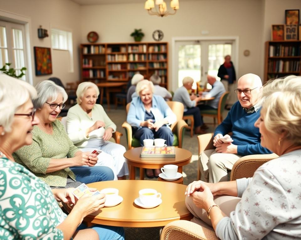 A vibrant and welcoming independent living community, where residents gather in a cozy common area filled with natural light. The foreground features a group of seniors engaged in a lively game of cards, their faces alight with joy and camaraderie. In the middle ground, a small group sits around a coffee table, deep in conversation over cups of tea. The background showcases an activity room with shelves of books and board games, hinting at the wide range of social engagements available to the residents. The overall scene exudes a sense of warmth, belonging, and a strong spirit of community.