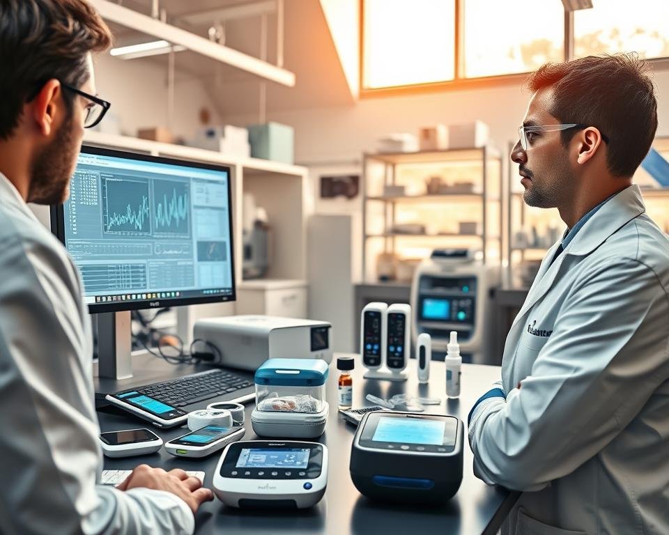 A vibrant, cutting-edge laboratory setting showcasing the latest diabetes research innovations. In the foreground, a scientist in a white lab coat peers intently at a computer screen displaying complex data visualizations. In the middle ground, various state-of-the-art medical devices and monitoring systems are arranged, including sleek glucose meters, insulin pumps, and wearable sensors. The background features a wall of high-tech equipment, shelves of medical supplies, and large windows letting in natural light that casts a warm, hopeful glow over the scene. The overall atmosphere conveys a sense of scientific progress, technological advancement, and a relentless pursuit to improve the lives of those living with diabetes. A vibrant, cutting-edge laboratory setting showcasing the latest diabetes research innovations. In the foreground, a scientist in a white lab coat peers intently at a computer screen displaying complex data visualizations. In the middle ground, various state-of-the-art medical devices and monitoring systems are arranged, including sleek glucose meters, insulin pumps, and wearable sensors. The background features a wall of high-tech equipment, shelves of medical supplies, and large windows letting in natural light that casts a warm, hopeful glow over the scene. The overall atmosphere conveys a sense of scientific progress, technological advancement, and a relentless pursuit to improve the lives of those living with diabetes.