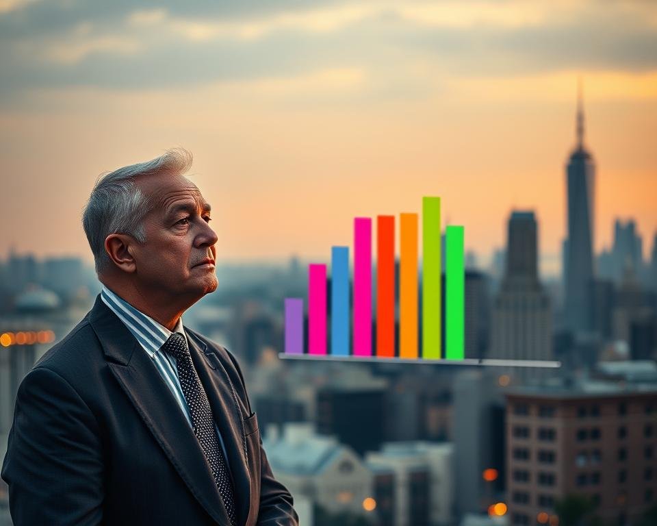 A vibrant, photorealistic image of the impact of working on social security benefits. In the foreground, a well-dressed individual stands pensively, their face reflecting the weight of their financial decisions. The middle ground depicts a colorful bar graph, visualizing the nuanced interplay between employment income and social security payouts. In the background, a pensive city skyline, hinting at the broader economic landscape and its influence on retirement planning. Soft, warm lighting illuminates the scene, creating a contemplative, almost melancholic atmosphere. The composition is balanced, drawing the viewer's eye to the central figure and the dynamic data visualization, capturing the essence of the "Impact of Working After Retirement" section.