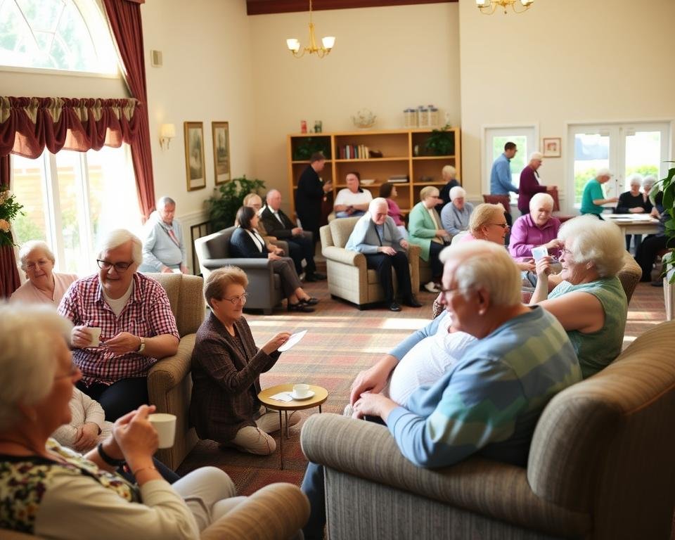 A vibrant scene in an assisted living facility, bathed in soft, natural light streaming through large windows. In the foreground, elderly residents engaged in a variety of activities - some playing cards, others participating in a group exercise class, and a few reading quietly in cozy armchairs. The middle ground features a lively social area, with residents chatting and laughing together over cups of tea. In the background, a well-equipped activity room can be seen, where residents are pursuing hobbies like arts and crafts. The overall atmosphere is one of warmth, community, and a sense of contentment.