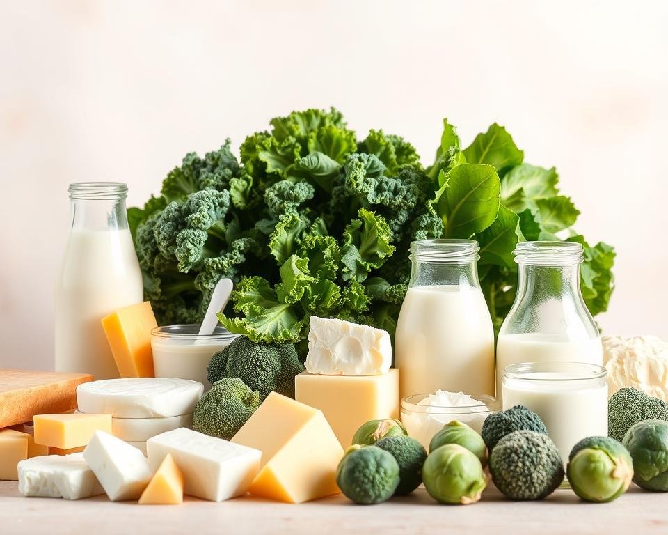 A vibrant still life featuring an assortment of calcium-rich foods against a soft, natural backdrop. In the foreground, a variety of dairy products such as cheese, yogurt, and milk are artfully arranged. In the middle ground, leafy greens like kale and spinach, as well as crunchy vegetables like broccoli and Brussels sprouts, are displayed. The background showcases a subtle gradient, creating a serene, calming atmosphere. Warm, natural lighting casts a gentle glow over the scene, highlighting the colors and textures of the nutritious ingredients. The composition is balanced and visually appealing, inviting the viewer to consider the importance of these calcium-rich foods for maintaining strong, healthy bones.