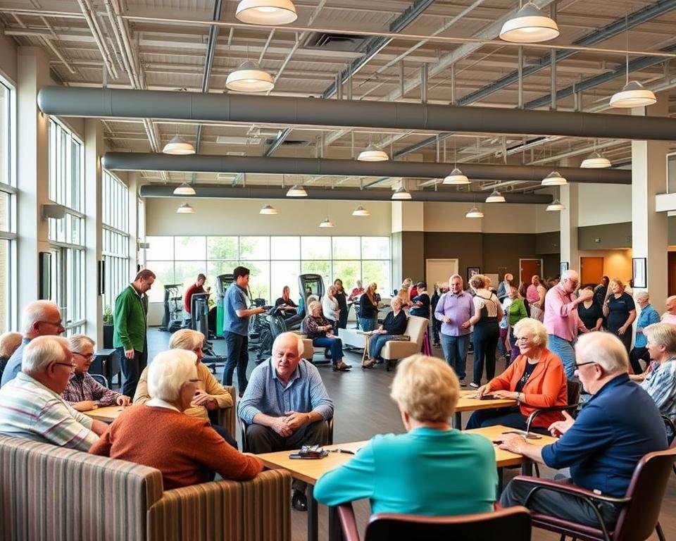 A vibrant, well-lit scene of a modern senior community center, filled with active and engaged older adults. In the foreground, a group of seniors gathered around a cozy lounge area, engaged in lively conversation and board games. The middle ground showcases a fitness studio where seniors are exercising with the guidance of an instructor, surrounded by state-of-the-art equipment. In the background, an expansive community hall hosts a social activity, such as a dance class or a lecture, with seniors enthusiastically participating. The scene exudes a sense of community, wellness, and a zest for life, capturing the essence of a thriving senior living environment.