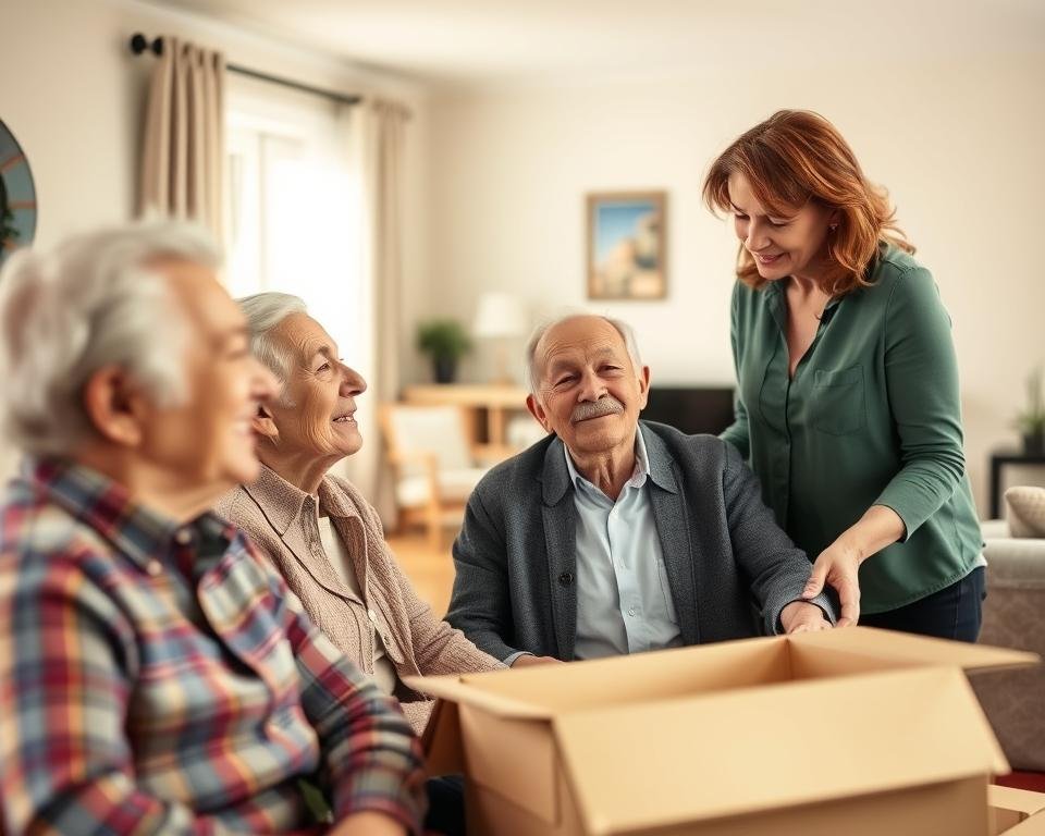A warm and inviting scene of a senior couple receiving personalized assistance from a caring professional during their downsizing journey. The foreground features the elderly pair, their expressions reflecting a mix of trepidation and relief, as the advisor guides them through the process of paring down possessions and organizing their move to a more manageable home. In the middle ground, cardboard boxes and labeled bins suggest the practical steps being taken, while the background showcases a cozy, well-lit living room, hinting at the comfortable new chapter ahead. Soft, natural lighting and a soothing color palette convey a sense of understanding and support, capturing the essence of "Preparing for Your Downsizing Journey."