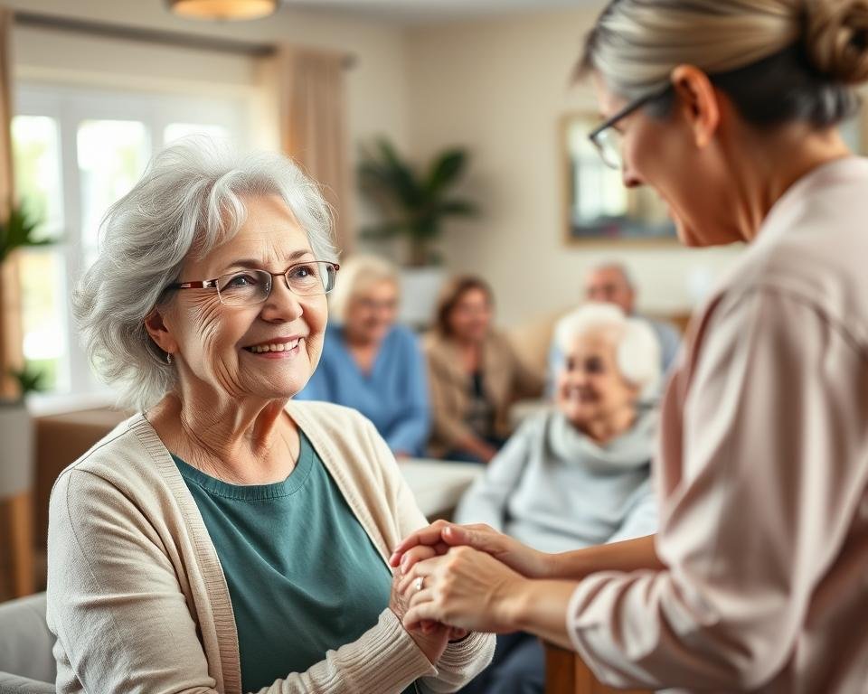 A warm, inviting assisted living community filled with compassionate staff carefully tending to the emotional wellness of the elderly residents. In the foreground, a senior woman smiles serenely as a caregiver gently holds her hand, their expressions radiating kindness and understanding. In the middle ground, a group of residents engage in a lively group activity, their faces filled with joy and camaraderie. The background depicts a cozy, sun-drenched common area with plush furnishings and soothing natural hues, creating a calming, nurturing atmosphere. Soft, diffused lighting and a shallow depth of field emphasize the intimate, caring interactions.