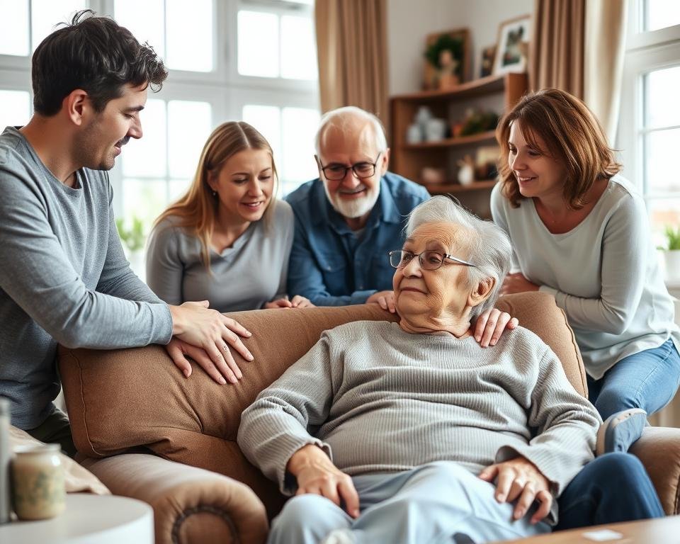 A warm, inviting living room scene with an elderly grandparent sitting comfortably in a recliner, surrounded by their attentive family members. The grandparent's face is serene, conveying a sense of being heard and involved in the decision-making process. The family members, of varying ages, are leaning in, expressions earnest, as they discuss options for the grandparent's long-term care. Soft, natural lighting filters through large windows, creating a cozy, calming atmosphere. The room is tastefully furnished, with family photos and mementos suggesting a lived-in, cherished space. An air of mutual understanding and respect permeates the scene, reflecting the family's collaborative approach to this important decision.