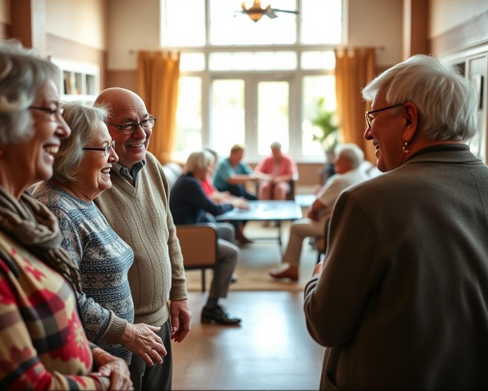 A warm, inviting scene depicting seniors engaged in vibrant social connections. In the foreground, a group of elderly friends chatting animatedly, their faces alight with joy and laughter. The middle ground features a cozy seating area where seniors are playing a lively game together, fostering camaraderie and intellectual stimulation. In the background, a well-appointed community center with large windows allowing natural light to pour in, creating a sense of openness and possibility. The overall atmosphere is one of active, meaningful interaction, highlighting the positive impact of social engagement on the health and well-being of older adults.