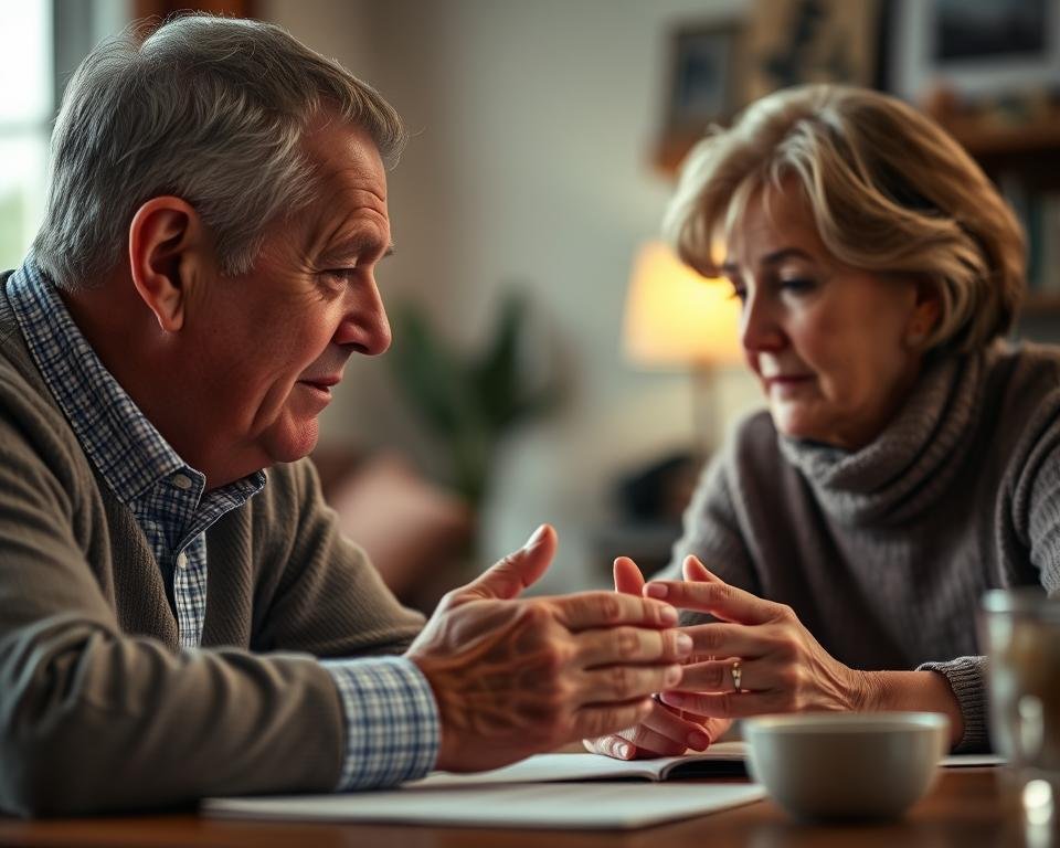 A warm, softly lit scene of two senior adults, a man and a woman, sitting together at a cozy table, engaging in a thoughtful discussion. The foreground shows their faces in close-up, expressions earnest and attentive as they lean in towards each other. The middle ground reveals their hands, perhaps gesturing gently as they speak. The background is blurred, suggesting a comfortable, domestic setting, perhaps a living room or home office. The lighting is gentle, emanating from a side window or lamp, creating a sense of intimacy and trust. The overall mood is one of open, sincere communication between the aging couple as they navigate important financial decisions.