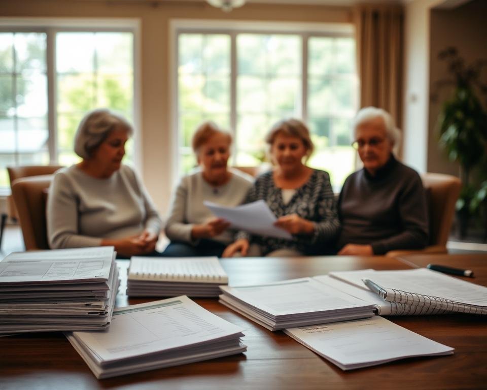 A warm, well-lit interior of a senior living facility, highlighting transparency and financial accountability. In the foreground, a table displays clearly labeled financial documents, ledgers, and statements, conveying a sense of openness and attention to detail. In the middle ground, a group of elderly residents reviews the materials, their expressions serene and engaged. The background features large windows overlooking a lush, verdant landscape, creating a calming, naturalistic atmosphere. The overall scene emphasizes the importance of clear, accessible financial information to empower residents and their families in making informed decisions about their senior housing options.