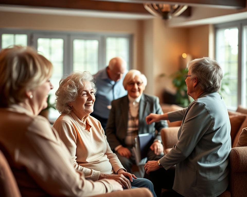 A warmly lit assisted living community, with residents gathered in a cozy lounge. In the foreground, a group of older adults engage in a lively conversation, their faces radiating contentment and connection. The middle ground showcases a caregiver assisting a resident, their interaction conveying empathy and attentiveness. The background features a well-appointed common area, with plush furnishings and large windows letting in soft, natural light, creating an atmosphere of tranquility and relaxation. The scene exudes a sense of emotional well-being, where residents feel supported, respected, and part of a caring community.