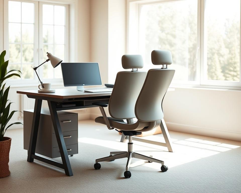 A well-designed, ergonomic home office setup with a sleek, minimalist desk and a comfortable, adjustable chair in a bright, airy room. The desk has a clean, uncluttered surface, with ample workspace and a modern, streamlined aesthetic. The chair is upholstered in a neutral, calming color, with a high backrest and lumbar support for optimal posture and comfort. Soft, natural lighting filters in through large windows, casting a warm, inviting glow on the workspace. The overall atmosphere is serene and conducive to focused, productive work.