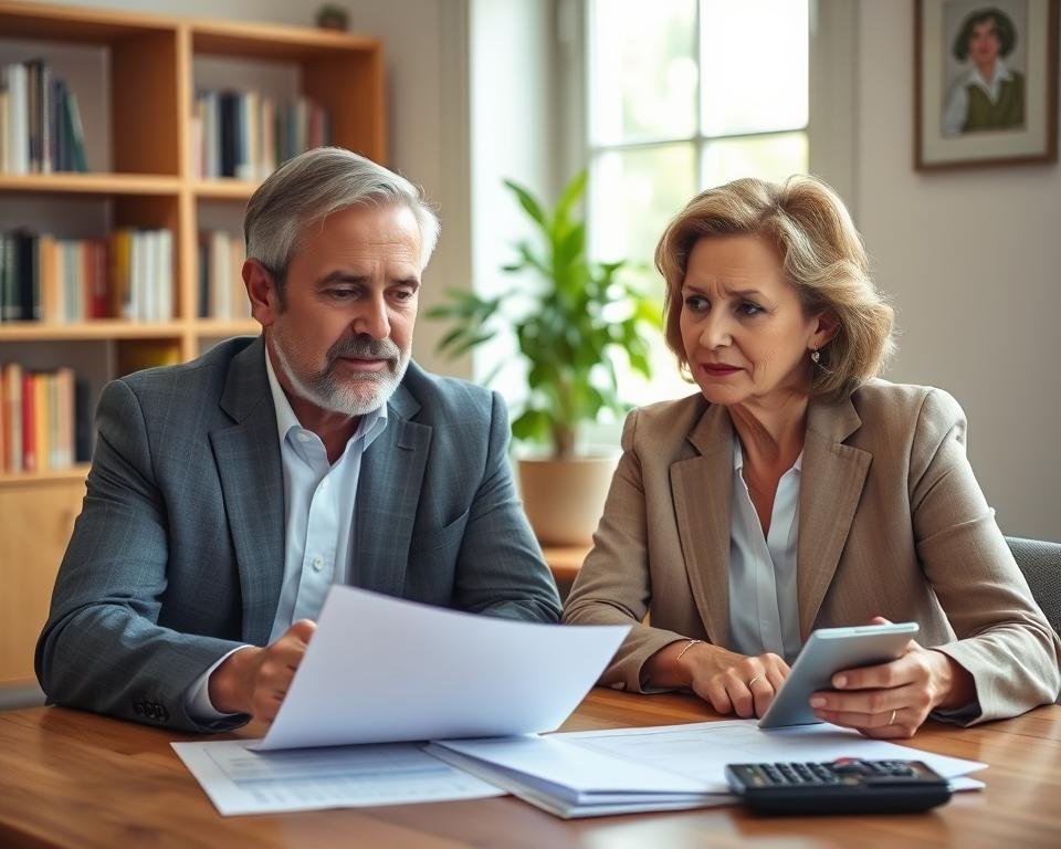 A well-dressed couple, the husband and wife, sitting at a table discussing their retirement planning. Soft natural lighting filters through a window, casting a warm glow on their faces. In the foreground, financial documents and a calculator suggest the serious nature of their conversation. The background features bookshelves and a potted plant, conveying a sense of calm and domestic comfort. The couple's expressions are focused, yet their body language implies a collaborative, supportive dynamic as they work to maximize their spousal benefits within the Social Security system. A well-dressed couple, the husband and wife, sitting at a table discussing their retirement planning. Soft natural lighting filters through a window, casting a warm glow on their faces. In the foreground, financial documents and a calculator suggest the serious nature of their conversation. The background features bookshelves and a potted plant, conveying a sense of calm and domestic comfort. The couple's expressions are focused, yet their body language implies a collaborative, supportive dynamic as they work to maximize their spousal benefits within the Social Security system.