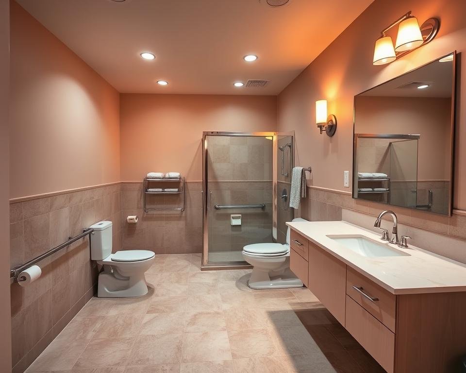 A well-lit and accessible senior-friendly bathroom with warm, diffused lighting from recessed ceiling fixtures and wall sconces. The floor is a slip-resistant, textured tile in a neutral, earthy tone that blends seamlessly with the wall color. Grab bars are strategically placed near the toilet and shower for added stability and safety. The vanity has a wheelchair-accessible design with a knee clearance space underneath. A large, adjustable mirror allows for easy visibility. The overall atmosphere is calming, functional, and tailored for the needs of aging adults.