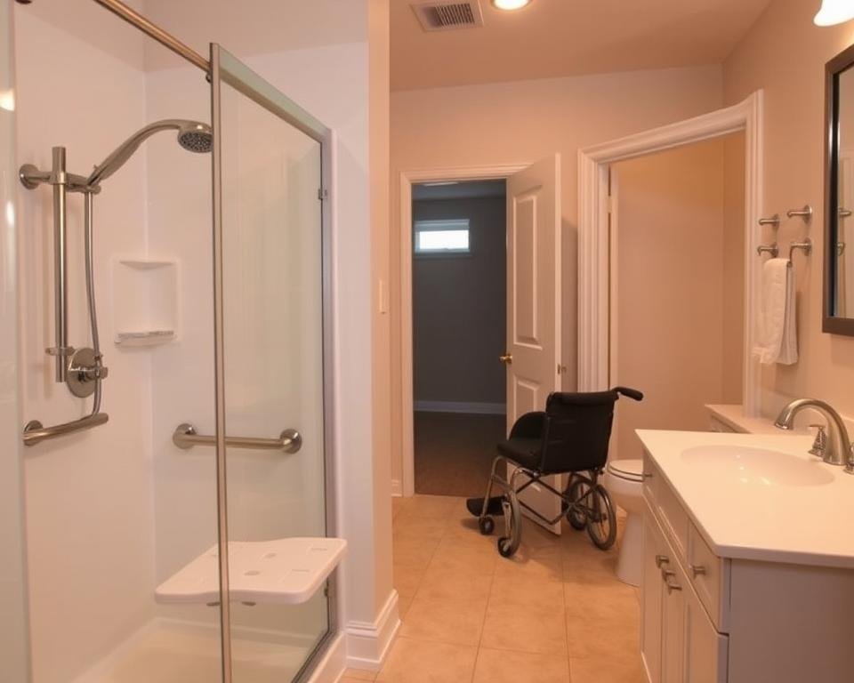 A well-lit bathroom interior with universal design features for aging adults. In the foreground, a spacious walk-in shower with a fold-down seat, grab bars, and a hand-held showerhead. In the middle ground, a vanity with a wheelchair-accessible sink and lever faucets. The background showcases a raised toilet with armrests, and a wide doorway for easy mobility. The lighting is warm and diffused, creating a calming atmosphere. The overall scene conveys a sense of safety, accessibility, and comfort for older individuals.