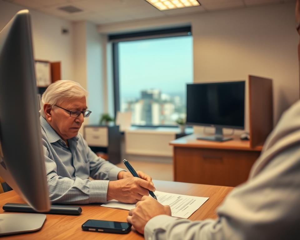 A well-lit, clean office interior with a desk, chair, and a computer. In the foreground, an elderly person sits at the desk, focused on filling out an application form. The person's expression is one of determination and concentration. The middle ground features a bookshelf or filing cabinet, hinting at the bureaucratic nature of the process. The background shows a window overlooking a cityscape, suggesting the broader context of the social security system. The lighting is warm and professional, creating a sense of efficiency and organization. The camera angle is slightly elevated, giving a sense of authority and importance to the scene.