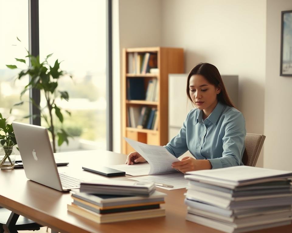 A well-lit, clean office interior with a desk, laptop, and stacks of paperwork. In the foreground, a calm, professional-looking person sitting at the desk, carefully reviewing documents. The middle ground shows a bookshelf and filing cabinet, conveying a sense of organized efficiency. The background features a window overlooking a peaceful, urban landscape, suggesting a serene and focused work environment. The lighting is soft and diffuse, creating a warm, inviting atmosphere. The overall scene evokes a sense of diligence and attention to detail in the survivor benefits application process.