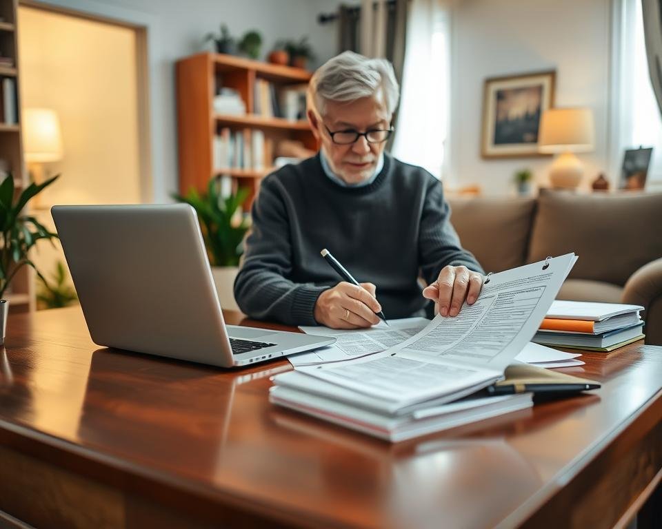A well-lit, cozy home office scene featuring an elderly person diligently compiling a detailed moving checklist. The foreground showcases a polished wooden desk with a laptop, a pen, and a stack of organized papers. The middle ground depicts the senior, dressed in a comfortable sweater, carefully reviewing and annotating the checklist. The background captures a warm, softly lit living room with bookshelves, potted plants, and a framed family photo, conveying a sense of familiarity and preparedness. The overall atmosphere is one of focus, determination, and a thoughtful approach to the upcoming transition to assisted living.