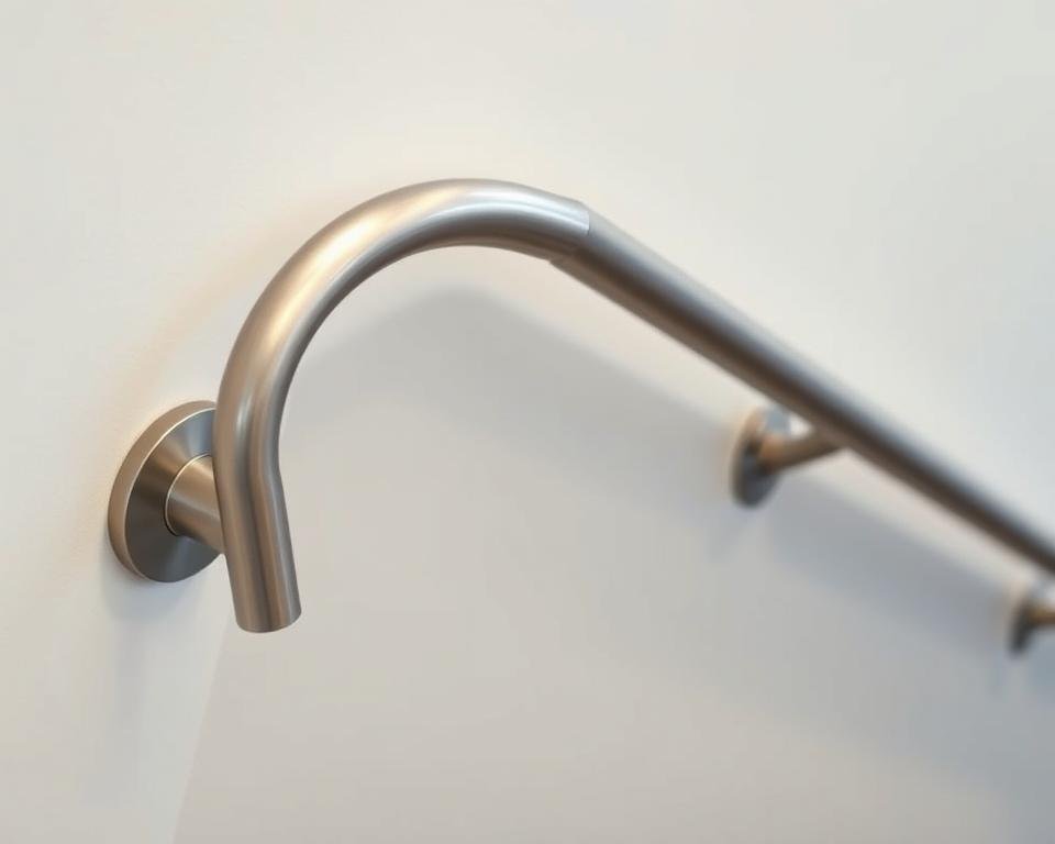 A well-lit, high-angle photograph of a modern, ADA-compliant handrail installation. The handrail is made of brushed stainless steel, with a gentle curve and a sturdy, textured grip. The handrail is mounted on a smooth, light-colored wall, creating a clean, minimalist aesthetic. The background is blurred, drawing the viewer's attention to the handrail's precise construction and thoughtful design. The lighting is soft and even, highlighting the handrail's reflective surface and creating a sense of depth and dimension. The overall composition conveys a sense of safety, accessibility, and attention to detail. A well-lit, high-angle photograph of a modern, ADA-compliant handrail installation. The handrail is made of brushed stainless steel, with a gentle curve and a sturdy, textured grip. The handrail is mounted on a smooth, light-colored wall, creating a clean, minimalist aesthetic. The background is blurred, drawing the viewer's attention to the handrail's precise construction and thoughtful design. The lighting is soft and even, highlighting the handrail's reflective surface and creating a sense of depth and dimension. The overall composition conveys a sense of safety, accessibility, and attention to detail.