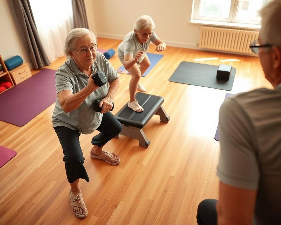 A well-lit, high-angle view of a senior adult performing a series of weight-bearing exercises on a hardwood floor. In the foreground, they are doing squats while holding dumbbells. In the middle ground, they are stepping up and down on a sturdy exercise step. In the background, exercise mats and other fitness equipment are visible, creating a warm, inviting atmosphere. The lighting is soft and natural, highlighting the person's focused expression and the fluid motion of their movements. The overall scene conveys the importance of weight-bearing exercises for maintaining bone health and strength in the older adult population.