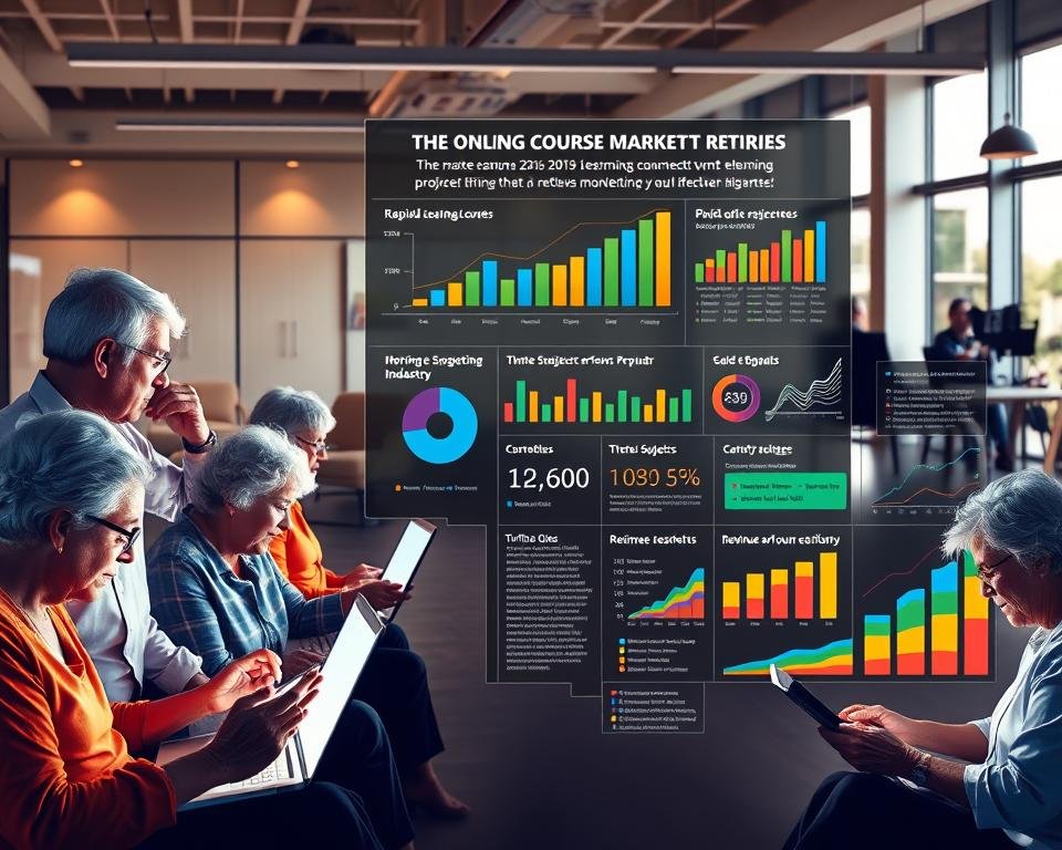 A well-lit, high-resolution illustration showcasing the dynamic trends of the online course market for retirees. The foreground depicts a diverse array of senior adults engrossed in various digital learning experiences, their faces illuminated by the glow of laptop screens. In the middle ground, a detailed infographic presents colorful charts and graphs highlighting the rapid growth, popular subject areas, and revenue projections of the retiree e-learning industry. The background features a modern, minimalist office setting with sleek furniture and large windows, bathed in a warm, natural light. The overall scene conveys a sense of opportunity, technological advancement, and the empowerment of lifelong learners.
