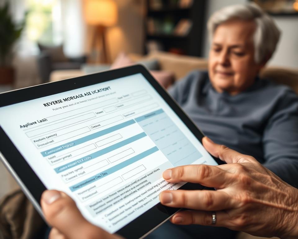 A well-lit, high-resolution image of a reverse mortgage application process displayed on a tablet device. The foreground shows the application form with sections for personal information, property details, and loan terms. The middle ground features a senior adult reviewing the form, with a serene expression on their face. The background depicts a comfortable living room setting with warm lighting, cozy furnishings, and a sense of domestic tranquility. The overall mood is one of clarity, confidence, and the secure feeling of making an informed financial decision.