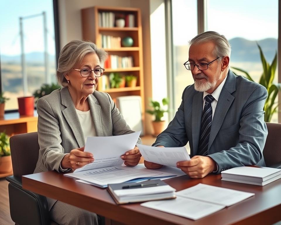 A well-lit, high-resolution image of various retirement income options, including a state pension, private pension plan, 401(k) account, and social security benefits. The scene depicts a mature, well-dressed couple sitting at a table, reviewing financial documents and discussing their retirement planning. The background features a warm, inviting office setting with bookshelves, potted plants, and a large window overlooking a scenic landscape. The lighting is soft and natural, creating a sense of tranquility and security. The overall mood is one of thoughtful contemplation and financial stability.