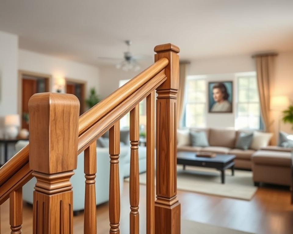 A well-lit home interior with a focus on a sturdy, wooden handrail running along a staircase. The handrail is the prominent feature, showcasing intricate designs and a warm, rustic finish. In the background, a cozy living room setting with plush furniture, soft lighting, and a sense of comfort and security. The overall atmosphere conveys a safe, accessible environment tailored for the needs of older adults, emphasizing the importance of proper handrail installation for their wellbeing. A well-lit home interior with a focus on a sturdy, wooden handrail running along a staircase. The handrail is the prominent feature, showcasing intricate designs and a warm, rustic finish. In the background, a cozy living room setting with plush furniture, soft lighting, and a sense of comfort and security. The overall atmosphere conveys a safe, accessible environment tailored for the needs of older adults, emphasizing the importance of proper handrail installation for their wellbeing.