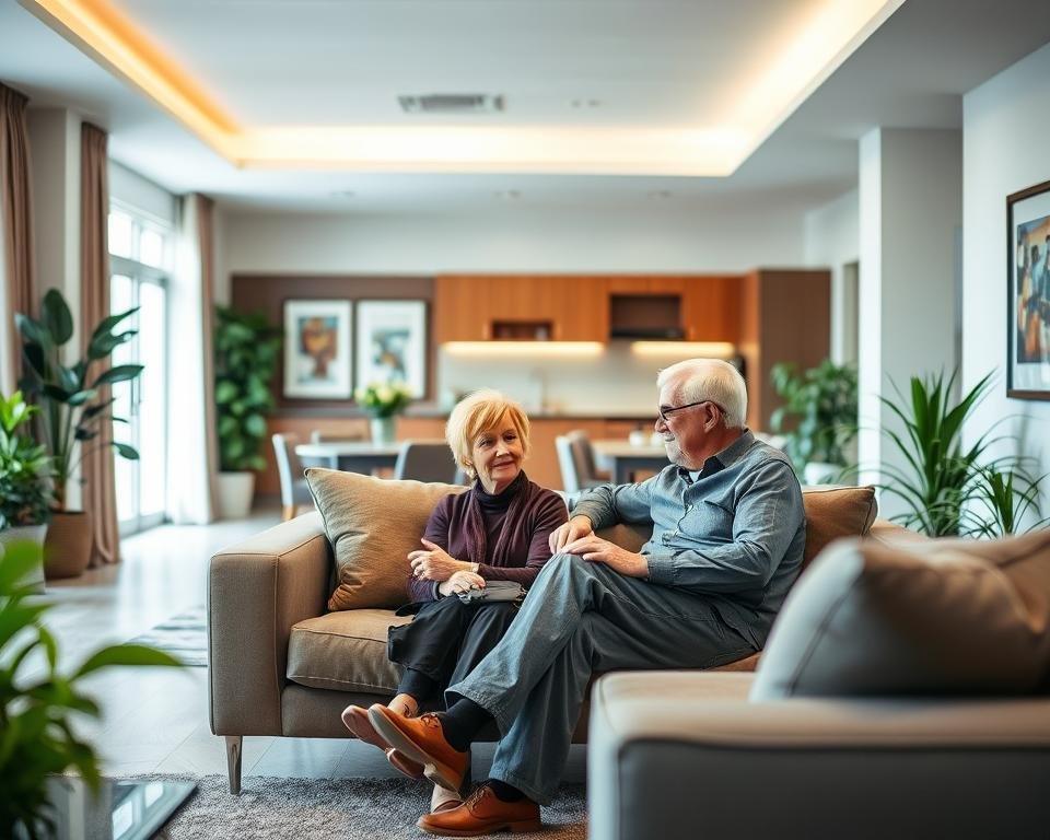 A well-lit interior of an assisted living facility, showcasing a modern, welcoming living room. In the foreground, a senior couple comfortably seated on a plush sofa, engaged in conversation. The middle ground features a tastefully decorated space with contemporary furniture, plants, and artwork, conveying a sense of luxury and comfort. The background subtly depicts the facility's amenities, such as a kitchen or dining area, hinting at the range of services available. The overall atmosphere is one of warmth, affordability, and dispelling the misconception of assisted living being excessively costly. A well-lit interior of an assisted living facility, showcasing a modern, welcoming living room. In the foreground, a senior couple comfortably seated on a plush sofa, engaged in conversation. The middle ground features a tastefully decorated space with contemporary furniture, plants, and artwork, conveying a sense of luxury and comfort. The background subtly depicts the facility's amenities, such as a kitchen or dining area, hinting at the range of services available. The overall atmosphere is one of warmth, affordability, and dispelling the misconception of assisted living being excessively costly.