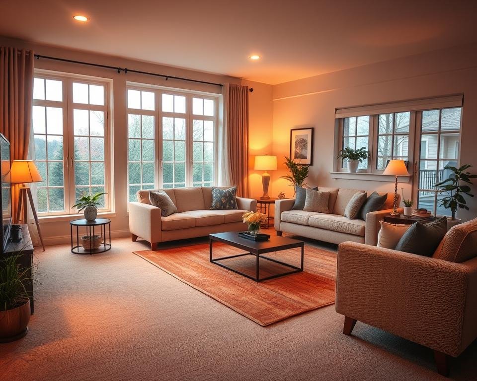 A well-lit, inviting living room with warm, diffused lighting to enhance visibility for fall prevention. The room features large windows that allow natural light to flood in, complemented by strategically placed task lighting and soft, ambient floor lamps. The furniture is arranged to create clear, unobstructed pathways, and the floors are covered in a high-contrast, non-slip material. The overall atmosphere is cozy and secure, promoting a sense of ease and safety for the occupants.