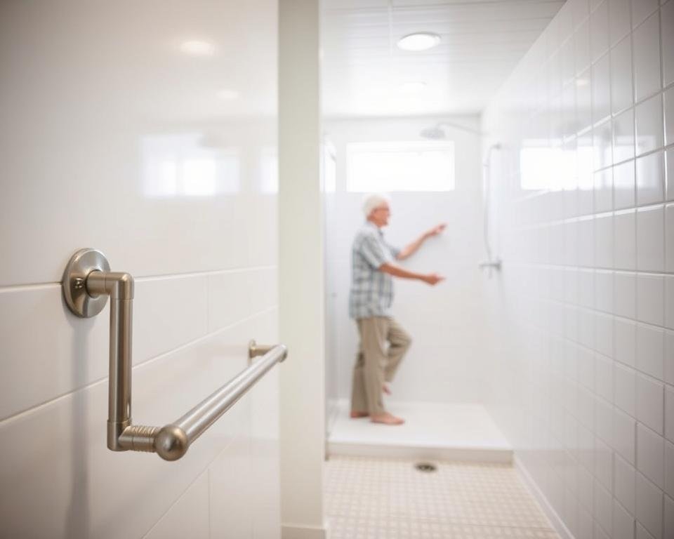 A well-lit, large bathroom interior with a tiled floor and white walls. In the foreground, a sturdy, brushed stainless steel handrail is installed along the wall, providing support and stability for elderly users. The handrail features a gently curving design and a knurled grip for a secure, comfortable hold. In the middle ground, a senior adult is shown grasping the handrail as they carefully step into the shower, their movements slow and deliberate. The lighting is bright yet soft, creating a sense of warmth and safety. The overall atmosphere conveys a feeling of support and ease of access for older individuals, promoting their independence and well-being.