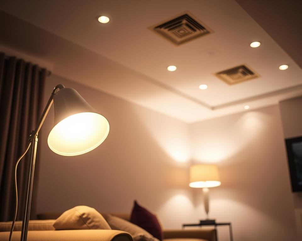 A well-lit living room with an adjustable LED floor lamp in the foreground, casting a warm glow. In the middle ground, a sleek, modern table lamp with a dimmable bulb illuminates a side table. The background features a recessed ceiling lighting system with multiple adjustable downlights, creating a balanced and customizable lighting environment. The overall scene conveys a cozy, inviting atmosphere, suitable for seniors to safely navigate their home. A well-lit living room with an adjustable LED floor lamp in the foreground, casting a warm glow. In the middle ground, a sleek, modern table lamp with a dimmable bulb illuminates a side table. The background features a recessed ceiling lighting system with multiple adjustable downlights, creating a balanced and customizable lighting environment. The overall scene conveys a cozy, inviting atmosphere, suitable for seniors to safely navigate their home.