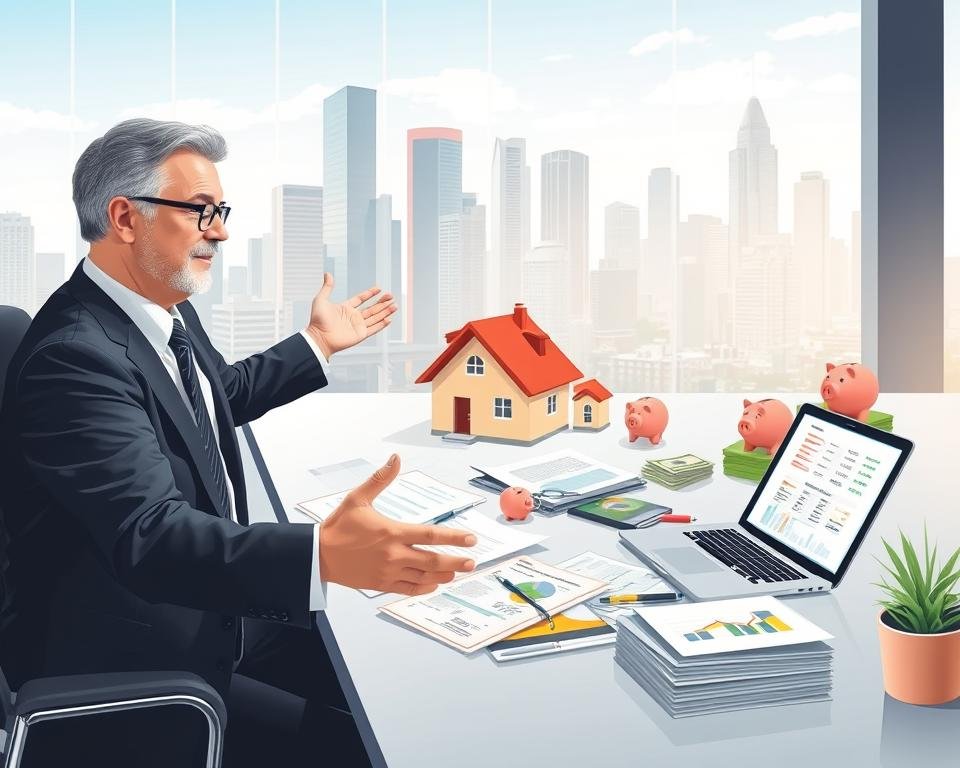 A well-lit, meticulously detailed illustration depicting various real estate financing options. In the foreground, a financial advisor gestures towards a sleek, modern office desk covered in documents, charts, and a laptop displaying mortgage calculations. In the middle ground, different forms of financing are visually represented - a house with dollar signs, a piggy bank, stacks of cash, and a loan document. The background features a cityscape of towering skyscrapers, hinting at the scale and complexity of the real estate investment landscape. The overall scene conveys an atmosphere of professionalism, expertise, and the multifaceted nature of real estate financing.