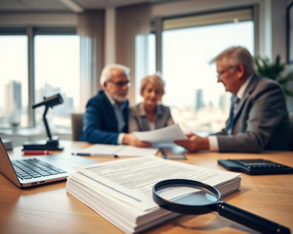 A well-lit office desk with a laptop, calculator, and neatly arranged financial documents. In the foreground, a stack of forms and a magnifying glass, emphasizing the focus on tax details. The middle ground features a senior couple reviewing paperwork, their expressions conveying thoughtful consideration. In the background, a window overlooks a cityscape, suggesting the broader financial landscape. Warm, inviting lighting creates a sense of calm and professionalism, guiding the viewer's attention to the central task of minimizing taxes on social security benefits.
