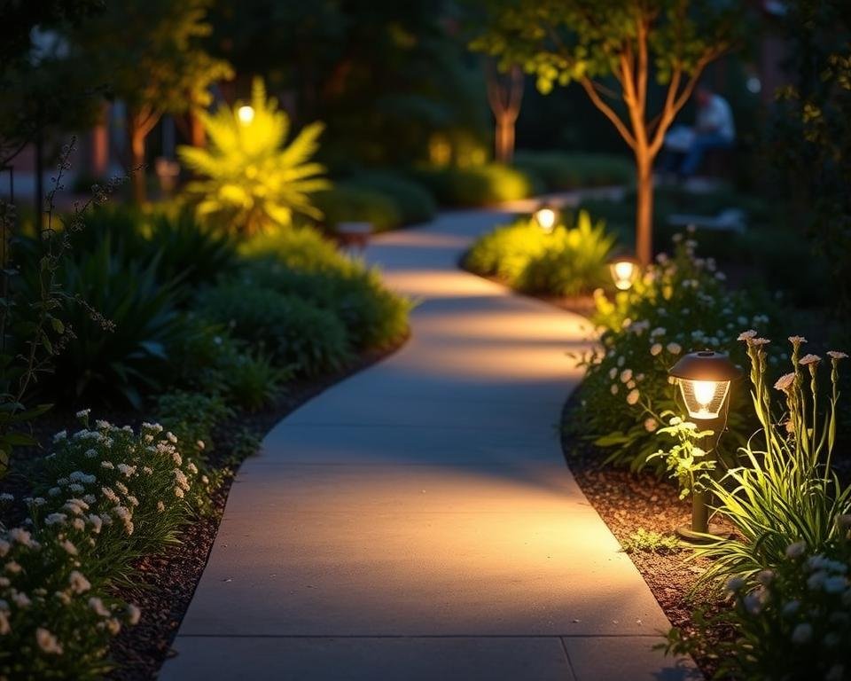 A well-lit pathway winds through a tranquil garden, illuminated by motion-sensor lighting that casts a warm, inviting glow. The pathway is bordered by lush greenery and dotted with delicate flowers, creating a serene and calming atmosphere. The lighting is strategically placed to provide ample illumination for safe navigation, with sensors that activate the lights only when needed, conserving energy and creating a seamless user experience. The angle of the lighting is designed to minimize glare and shadows, ensuring a clear and comfortable visual field for elderly residents. The overall effect is a harmonious and accessible outdoor environment that promotes security and independence. A well-lit pathway winds through a tranquil garden, illuminated by motion-sensor lighting that casts a warm, inviting glow. The pathway is bordered by lush greenery and dotted with delicate flowers, creating a serene and calming atmosphere. The lighting is strategically placed to provide ample illumination for safe navigation, with sensors that activate the lights only when needed, conserving energy and creating a seamless user experience. The angle of the lighting is designed to minimize glare and shadows, ensuring a clear and comfortable visual field for elderly residents. The overall effect is a harmonious and accessible outdoor environment that promotes security and independence.