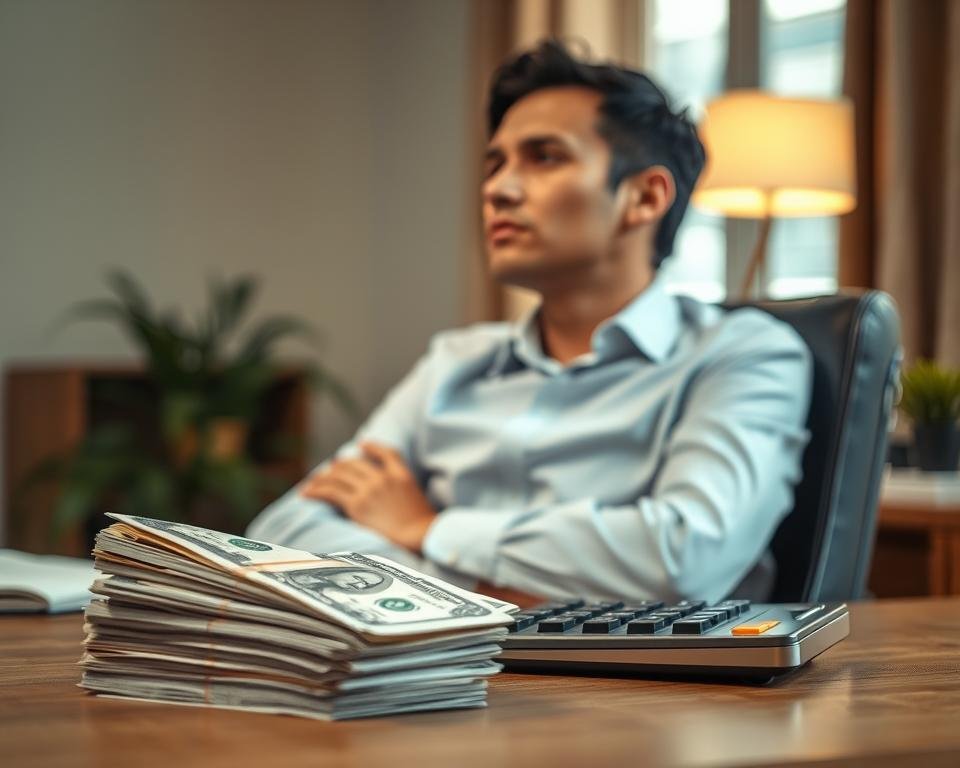 A well-lit scene showcasing a person in a thoughtful pose, carefully considering their financial options. In the foreground, a stack of dollar bills and a calculator symbolize the financial implications of delaying social security. In the middle ground, the person, dressed in professional attire, leans back in their chair, brow furrowed, deep in contemplation. The background features a warm, softly lit office setting, hinting at the importance of making informed financial decisions. The overall mood is one of concentration and focus, capturing the gravity of the decision to delay social security and its potential long-term benefits.