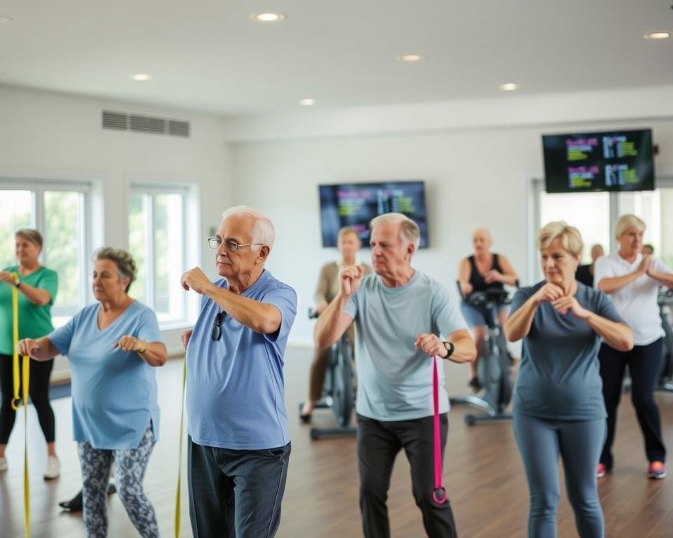 A well-lit, spacious gym interior with senior adults engaged in various low-impact exercises. In the foreground, a group of seniors using resistance bands and performing gentle stretches. In the middle ground, others using stationary bikes and doing light weightlifting. The background features a wall-mounted TV displaying exercise instructions and a large window providing natural light. The atmosphere is serene, with soothing music playing and a sense of focused, collaborative activity. The overall scene conveys the benefits of an evidence-based, age-appropriate fitness program in an independent living community setting.