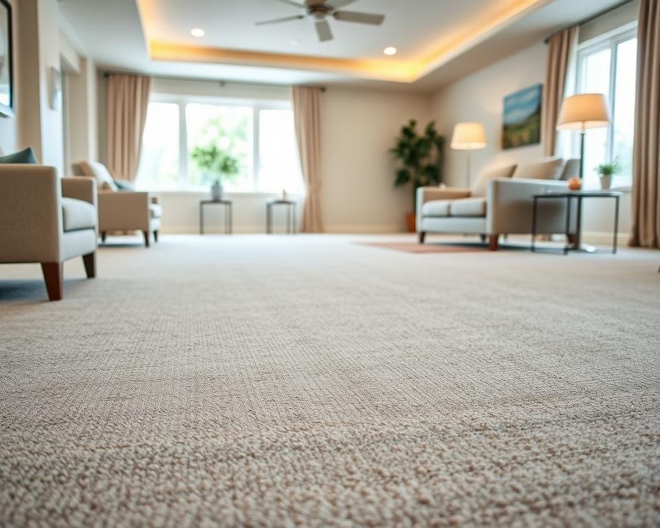 A well-lit, spacious senior living room with a focus on safe, slip-resistant flooring. The floor is covered in a plush, textured light gray carpet with a subtle pattern, providing a comfortable and cushioned surface for seniors to walk on. The lighting is soft and warm, creating a cozy and inviting atmosphere. The room is furnished with simple, modern furniture in neutral tones, allowing the flooring to be the focal point. The overall scene conveys a sense of safety, accessibility, and ease of movement for the occupants. A well-lit, spacious senior living room with a focus on safe, slip-resistant flooring. The floor is covered in a plush, textured light gray carpet with a subtle pattern, providing a comfortable and cushioned surface for seniors to walk on. The lighting is soft and warm, creating a cozy and inviting atmosphere. The room is furnished with simple, modern furniture in neutral tones, allowing the flooring to be the focal point. The overall scene conveys a sense of safety, accessibility, and ease of movement for the occupants.