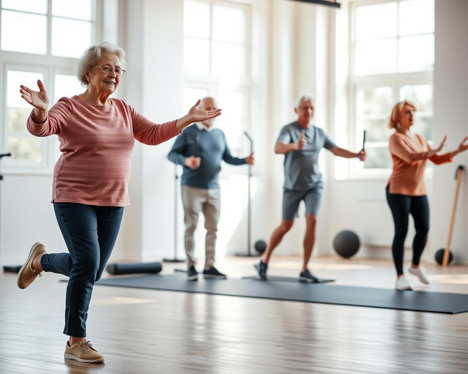 A well-lit studio setting showcasing a group of active seniors performing balance exercises. In the foreground, an elderly woman stands on one leg, her arms outstretched, maintaining her equilibrium with focused concentration. In the middle ground, a senior man carefully steps side to side, following the instructions of a fitness instructor. The background features an airy, minimalist space with simple exercise equipment and large windows allowing natural light to flood the scene, creating a serene and inviting atmosphere. The seniors' expressions convey a sense of determination and vitality, embodying the essence of a comprehensive fitness program for independent living communities.