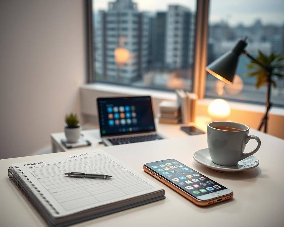 A well-lit studio setting with a minimalist desk arrangement. In the foreground, a daily planner, a cup of coffee, and a smartphone display various productivity apps. In the middle ground, a neatly organized workspace with a laptop, a few books, and a desk lamp casting a warm glow. The background features a large window overlooking a serene urban landscape, hinting at the balance between focused work and mindful contemplation. The overall atmosphere conveys a sense of efficiency, organization, and a peaceful approach to time management.