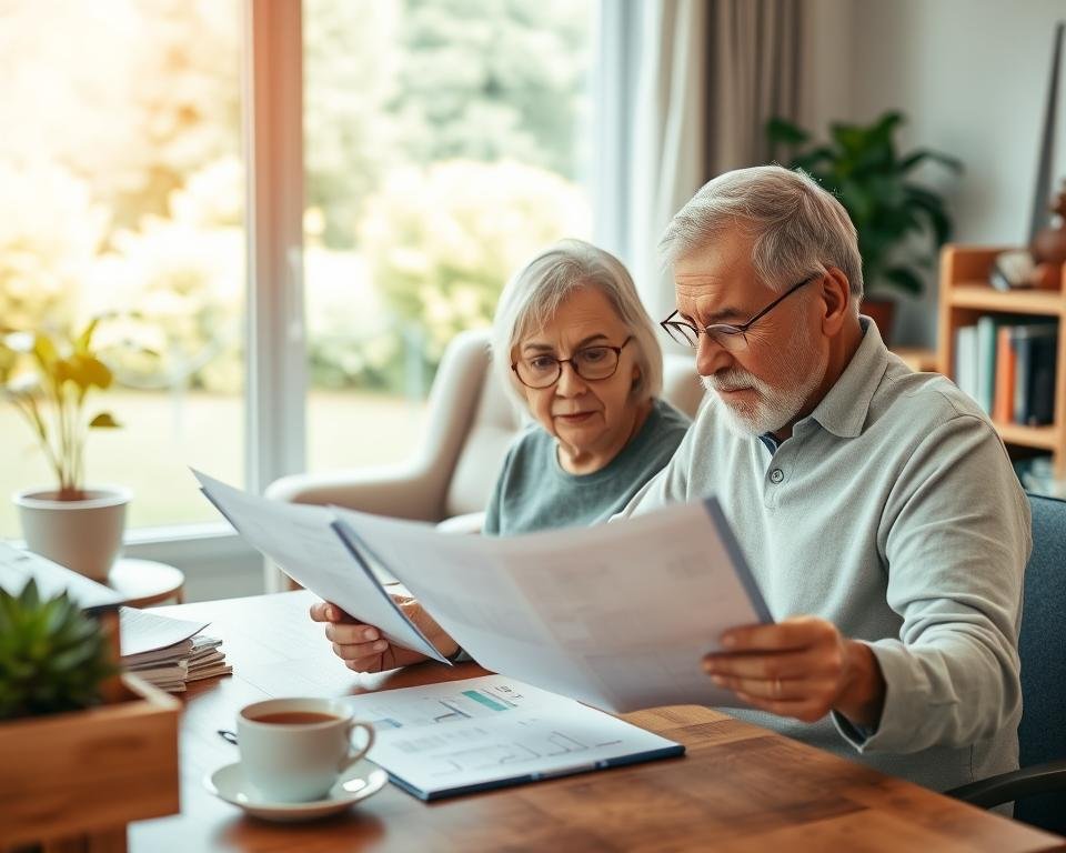 A well-lit, warmly-colored retirement savings scene. In the foreground, a senior couple carefully reviewing investment documents at a wooden desk, expressions thoughtful. Behind them, a bookshelf with finance books and a potted plant. The middle ground features a cozy armchair and a side table with a cup of tea, evoking a sense of comfort and security. In the background, a large window overlooking a tranquil garden, hinting at the peaceful lifestyle enabled by their prudent savings strategies. The lighting is soft and inviting, creating an atmosphere of financial stability and contentment in retirement.