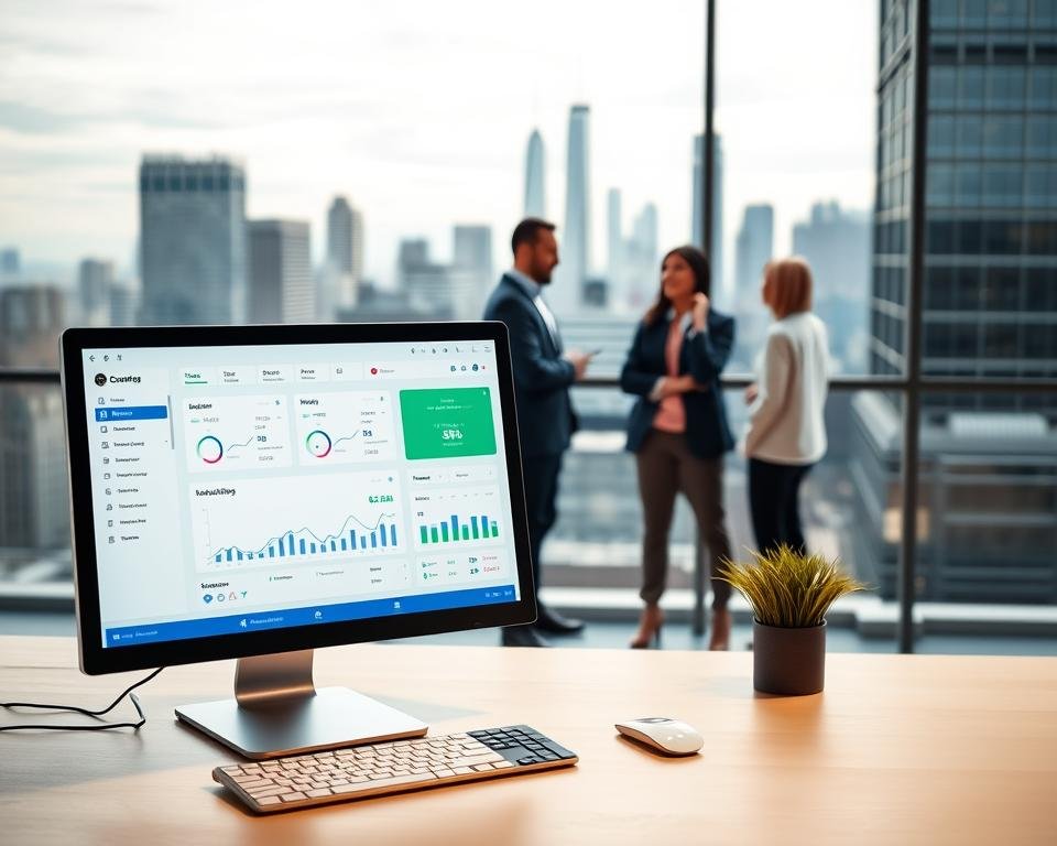 A well-lit, wide-angle shot of a peer-to-peer lending platform interface. In the foreground, a desktop computer displays a clean, user-friendly dashboard with intuitive controls and data visualizations. In the middle ground, a team of financial advisors collaborates, discussing investment strategies and risk management. The background features a serene city skyline, conveying a sense of stability and professionalism. The overall atmosphere is one of trust, transparency, and financial empowerment, suitable for a retirement investment strategy.