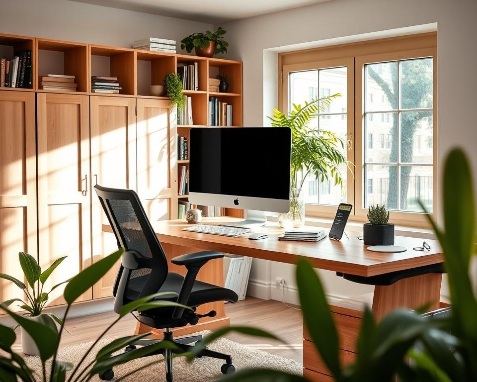 A well-organized and ergonomic home office setup for focus. A large wooden desk with a sleek modern computer, a comfortable ergonomic chair, and a lush indoor plant in the foreground. The mid-ground features a bookshelf filled with reference materials and a focused task lighting. The background showcases a large window with natural light streaming in, creating a calming and productive atmosphere. The overall composition evokes a sense of organization, functionality, and mindfulness, suitable for a mature professional working from home.