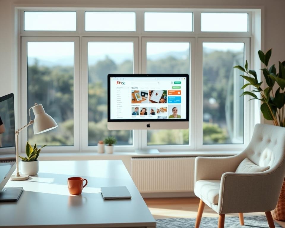 An airy, well-lit home office setting with a carefully curated Etsy shop interface displayed on a sleek desktop computer. The foreground features an artfully arranged workspace with a chic desk, a potted plant, and a cozy armchair. The middle ground showcases the Etsy shop dashboard, highlighting features like optimized titles, tags, and product images. The background offers a calming, natural landscape visible through large windows, creating a sense of balance and inspiration. Soft, diffused lighting enhances the overall tranquil and productive atmosphere.