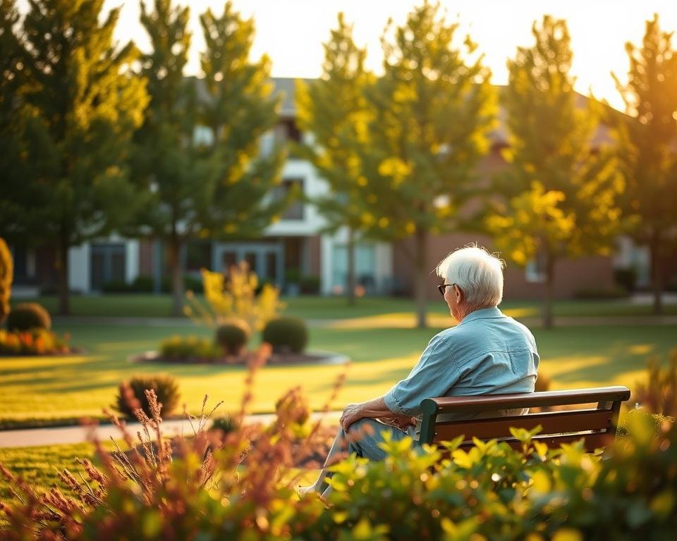 An elderly couple enjoying the serene surroundings of an affordable independent living community, with a well-manicured garden in the foreground, and a modern, low-rise building in the middle ground. The scene is bathed in warm, golden late-afternoon light, casting soft shadows and creating a peaceful, inviting atmosphere. In the background, a row of lush, verdant trees frame the scene, adding depth and a sense of tranquility. The couple is seated on a comfortable bench, engaged in a relaxed conversation, conveying the independence, comfort, and community-oriented lifestyle of this senior living option.