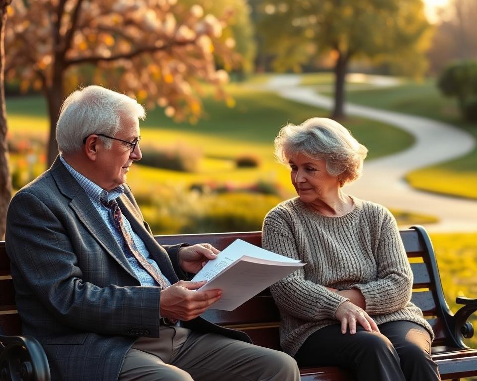 An elderly couple sitting on a park bench, contemplating their retirement income planning. The man, wearing a suit, is studying financial documents, while the woman, dressed in a comfortable sweater, gazes out at a serene landscape. The scene is bathed in warm, golden light, conveying a sense of tranquility and thoughtfulness. In the background, a lush, green park with blooming flowers and a winding path, symbolizing the journey of retirement. The composition is balanced, with the couple in the foreground and the peaceful environment in the middle and background, reflecting the importance of careful planning for a secure and fulfilling retirement.
