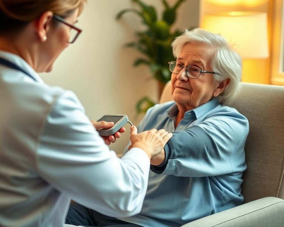 An elderly person sitting in a comfortable chair, their arm extended as a nurse or healthcare professional monitors their blood pressure using a digital device. The scene is well-lit, with warm, soft lighting illuminating the subject's face, creating a calming and reassuring atmosphere. The background is blurred, with subtle hints of a doctor's office or a home setting, emphasizing the focus on the blood pressure monitoring process. The subject's expression conveys a sense of cooperation and trust in the healthcare provider, reflecting the importance of proactive heart health management in the senior years.